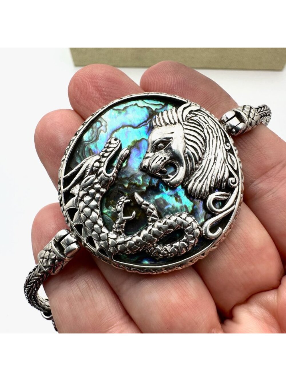 Sterling Silver Dragon Lion Bracelet Abalone Mother of Pearl 8 Inch - Picture 10 of 12